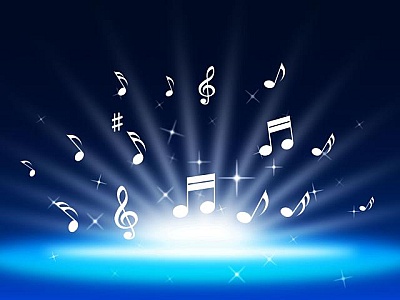 Floating music notes in a blue background